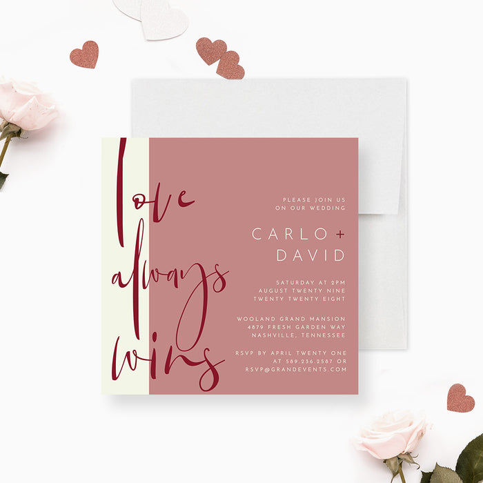 Love Always Win LGBT Wedding Invitation Card, Minimalist Gay Couple Shower Invitations, Modern Invites for Gay Wedding Celebration