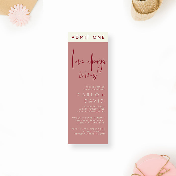 Love Always Wins LGBT Wedding Ticket, Gay Wedding Ticket Invitation, Gay Couple Shower Ticket Invites