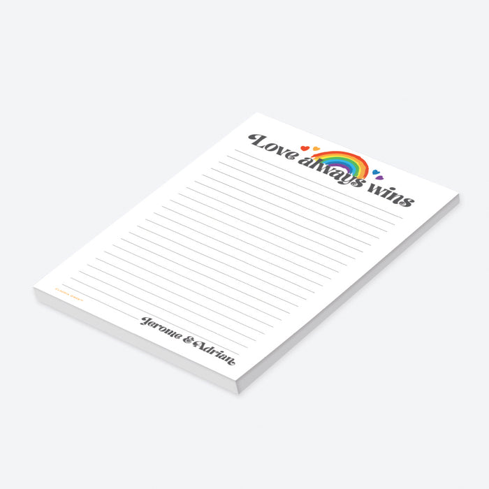 Personalized "Love Always Wins" notepad featuring a vibrant rainbow and hearts design-side
