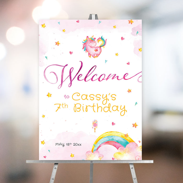 Cute Watercolor Unicorn Birthday Party Welcome Sign with Rainbows Stars and Love Hearts