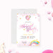 Magical unicorn birthday invitation with pink script rainbow artwork and scattered stars.