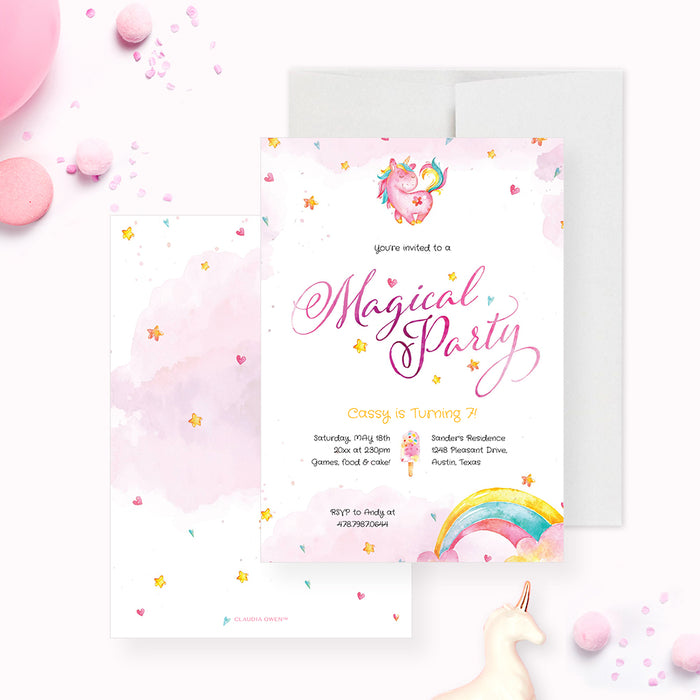 Magical unicorn birthday invitation front and coordinating pink pastel back with colorful accents.