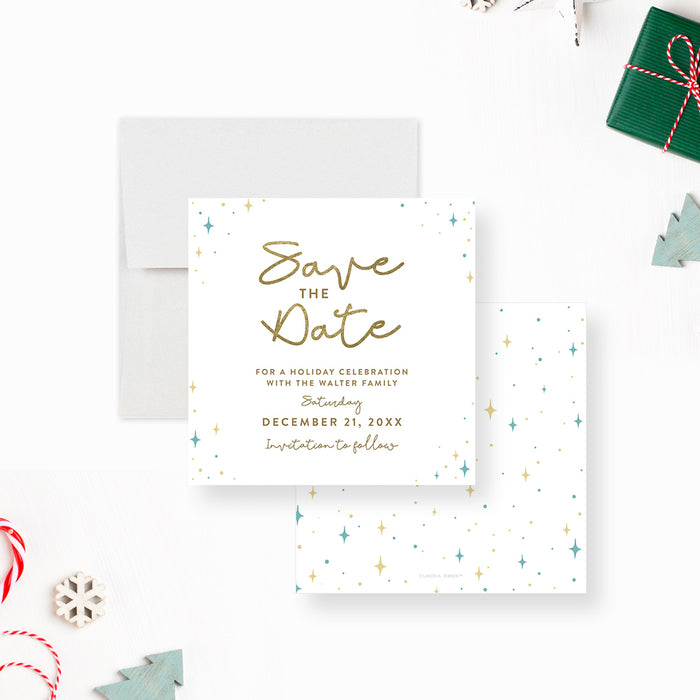 Elegant Holiday Celebration Save the Date Card with Blue and Gold Sparkles, Festive Christmas Save the Date Card