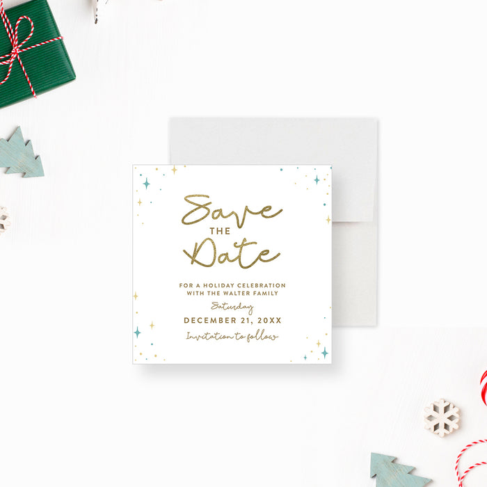 Elegant Holiday Celebration Save the Date Card with Blue and Gold Sparkles, Festive Christmas Save the Date Card