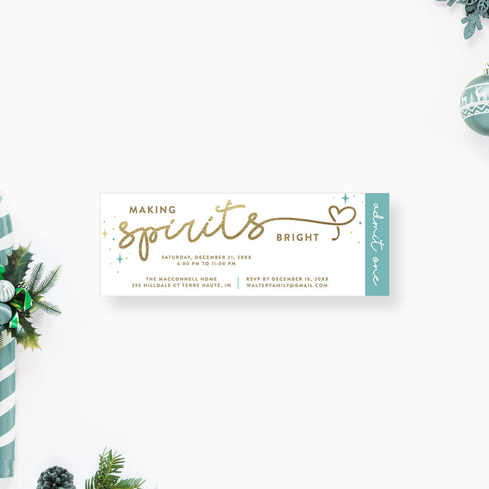 Elegant Holiday Ticket Invitation with Gold Typography, Making Spirits Bright Christmas Event Ticket Invite for Family Gatherings