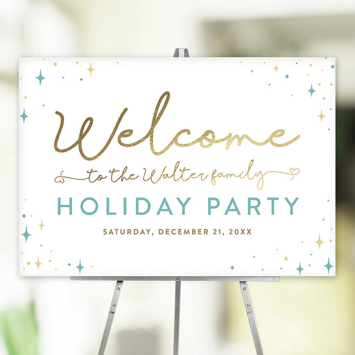 Personalized holiday welcome sign with elegant script, gold and blue sparkles, ideal for party entrance decor during the holiday season.