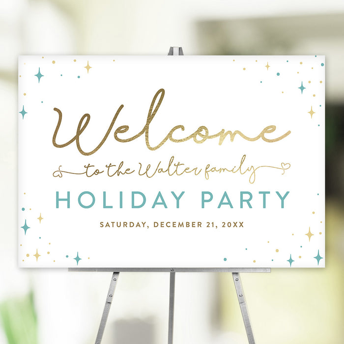 Personalized holiday welcome sign with elegant script, gold and blue sparkles, ideal for party entrance decor during the holiday season.