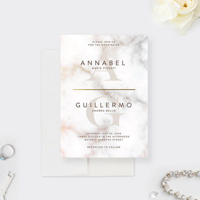 Wedding Invitation Card with Marble Design and Name Initials, Personalized Wedding Monogram Invitations, Wedding Bridal Shower Invites