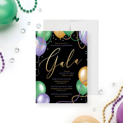 Elegant Mardi Gras gala invitation featuring gold script, balloons, and festive beads against a black background.-front