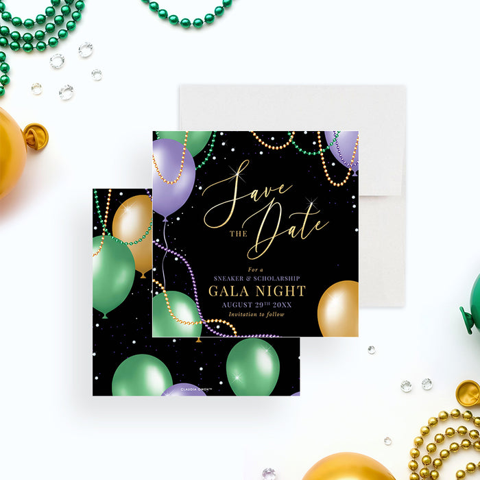 Mardi Gras charity gala save the date card with balloons and bead decorations-front-back