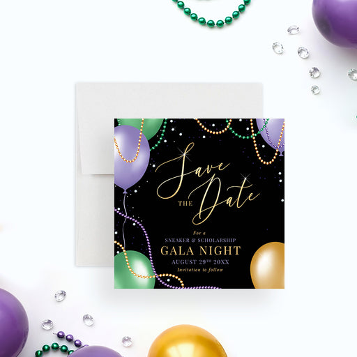 Mardi Gras charity gala save the date card with balloons and bead decorations-front