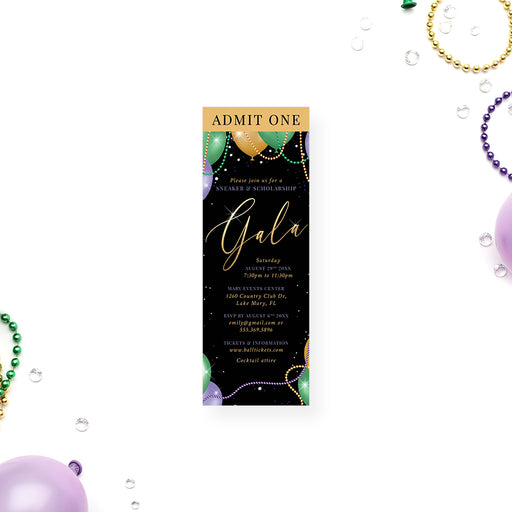 Elegant Mardi Gras gala ticket invitation featuring gold script text, balloons, and bead garlands on a black background.