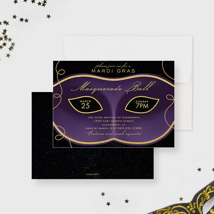 Masquerade Ball Invitation Card, Mardi Gras Invite Cards, Personalized Elegant Masquerade Party Invites with Mask Illustration