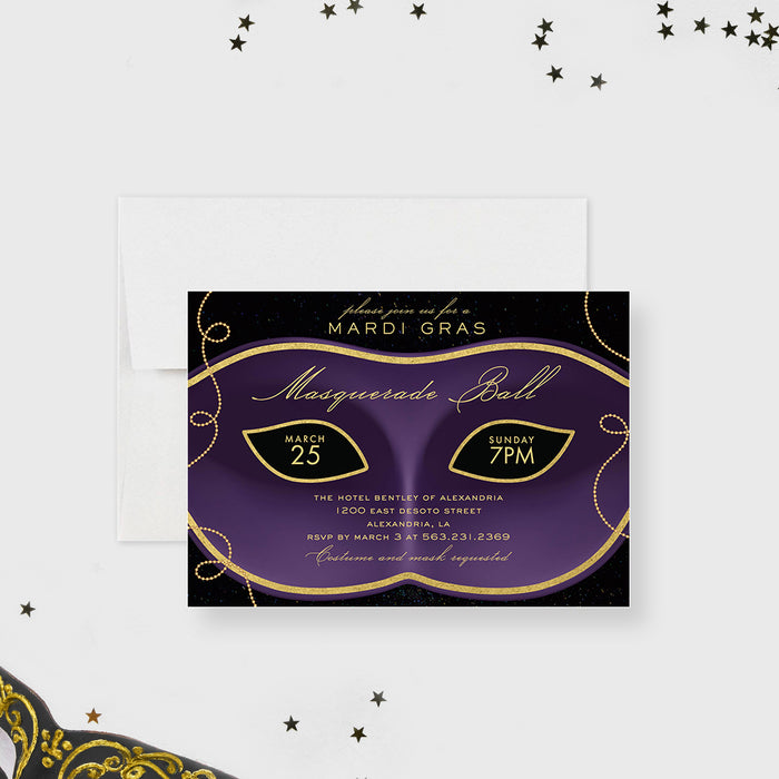 Masquerade Ball Invitation Card, Mardi Gras Invite Cards, Personalized Elegant Masquerade Party Invites with Mask Illustration