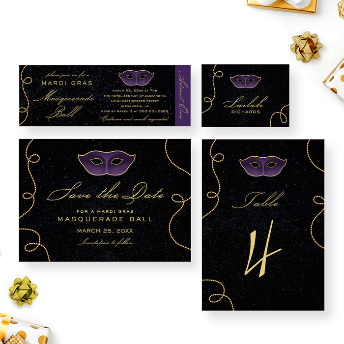 Masquerade Ball Invitation Card, Mardi Gras Invite Cards, Personalized Elegant Masquerade Party Invites with Mask Illustration