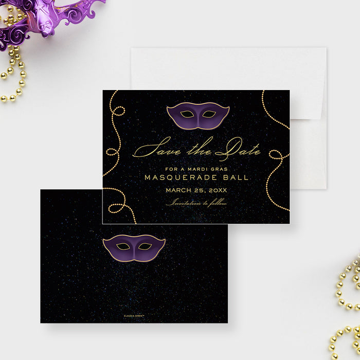 Masquerade Ball Invitation Card, Mardi Gras Invite Cards, Personalized Elegant Masquerade Party Invites with Mask Illustration