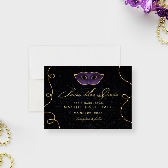 Mardi Gras Masquerade Save the Date Card, Masquerade Ball Save the Dates with Purple and Gold Mask