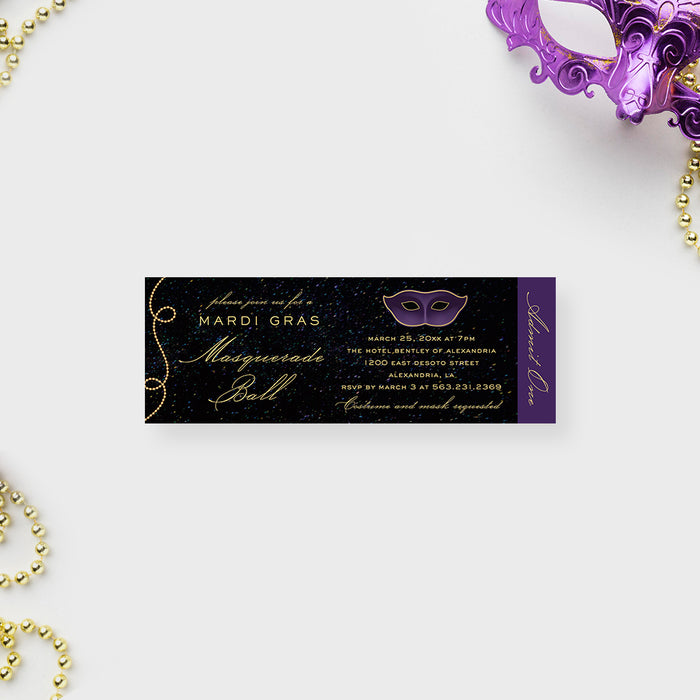 Mardi Gras Masquerade Ticket Invitation with Purple and Gold Mask, Masquerade Ball Ticket Invites, Masked Party Ticket Cards