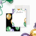 Personalized Mardi Gras note card featuring balloons, beads, and confetti accents for event thank you notes.-front-back