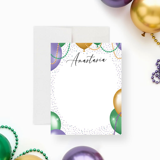Personalized Mardi Gras note card featuring balloons, beads, and confetti accents for event thank you notes.-front