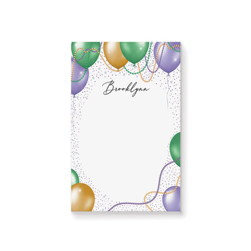 Personalized Mardi Gras notepad with colorful balloons and bead decorations