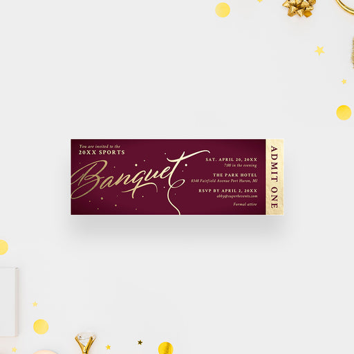 a burgundy and gold banquet ticket invitation card