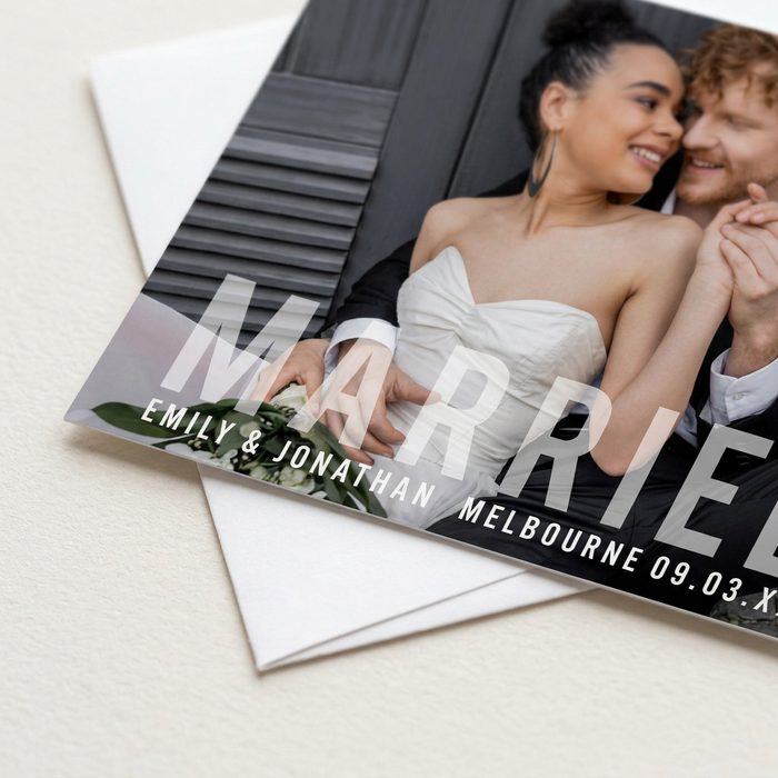 Married photo announcement close-up