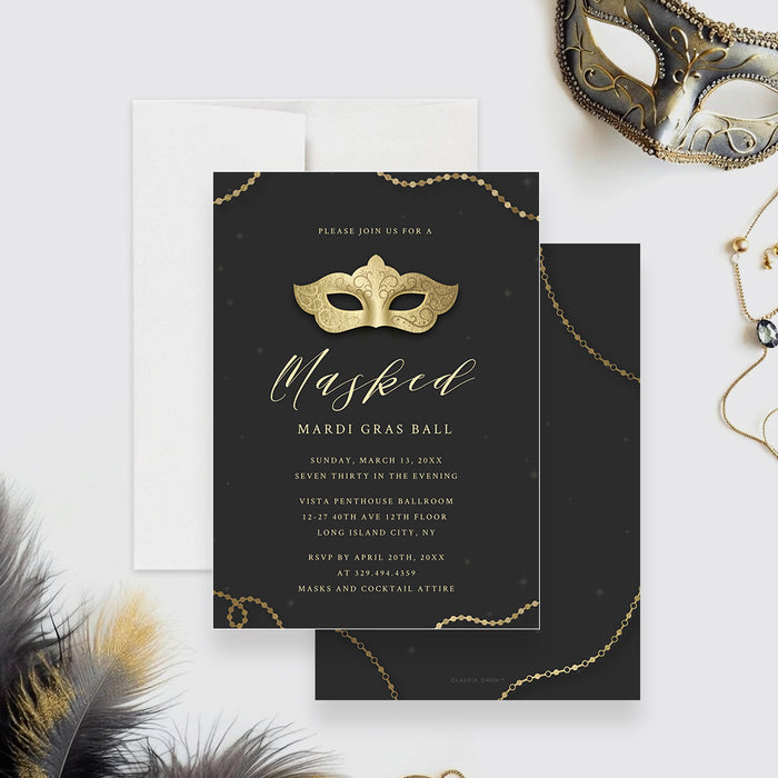 black and gold masquerade ball invitation with Mardi Gras mask artwork, bead accents, and personalized party details-front-back