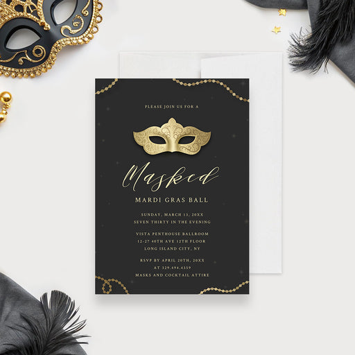 black and gold masquerade ball invitation with Mardi Gras mask artwork, bead accents, and personalized party details-front