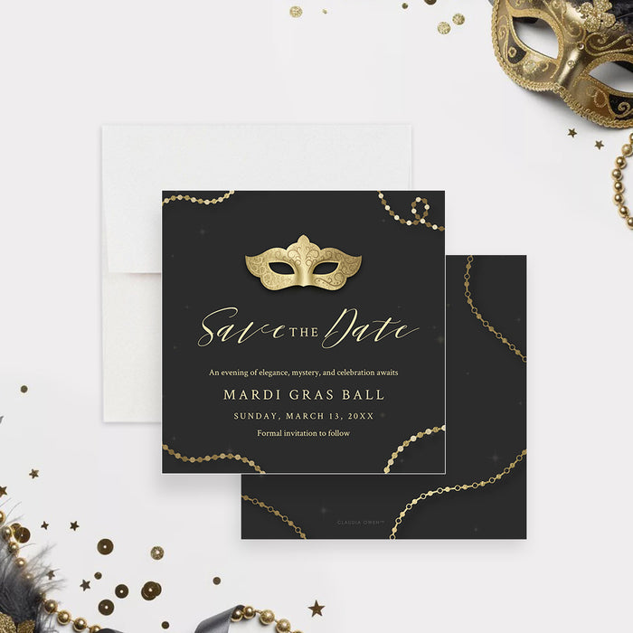 black and gold masquerade save the date card with mask illustration, bead accents, elegant lettering, and custom Mardi Gras ball details-front-back