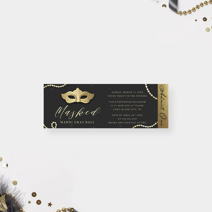 masquerade ball ticket invitation with black background, gold-colored mask artwork, bead accents, and Mardi Gras party details