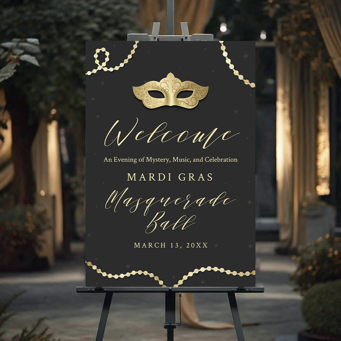 Personalized masquerade welcome sign featuring a gold mask, a black background, elegant lettering, and bead accents, displayed on an easel for a Mardi Gras ball.