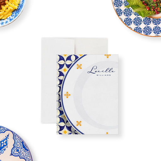 Mediterranean style personalized thank you card with blue and yellow tile border and elegant script font on a white background.