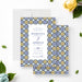 Mediterranean tile invitation featuring navy, yellow, and blue geometric border, customizable for weddings, bridal showers, and special celebrations.-front-back