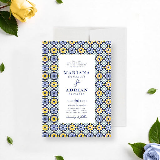 Mediterranean tile invitation featuring navy, yellow, and blue geometric border, customizable for weddings, bridal showers, and special celebrations.-front