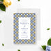 Mediterranean tile invitation featuring navy, yellow, and blue geometric border, customizable for weddings, bridal showers, and special celebrations.-front