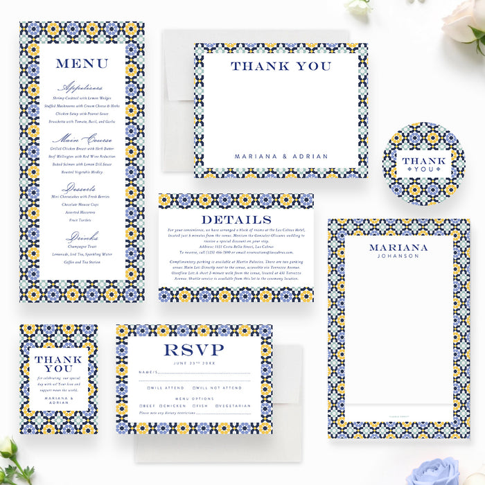 Mediterranean Wedding Invitation Blue and Yellow Tile Design