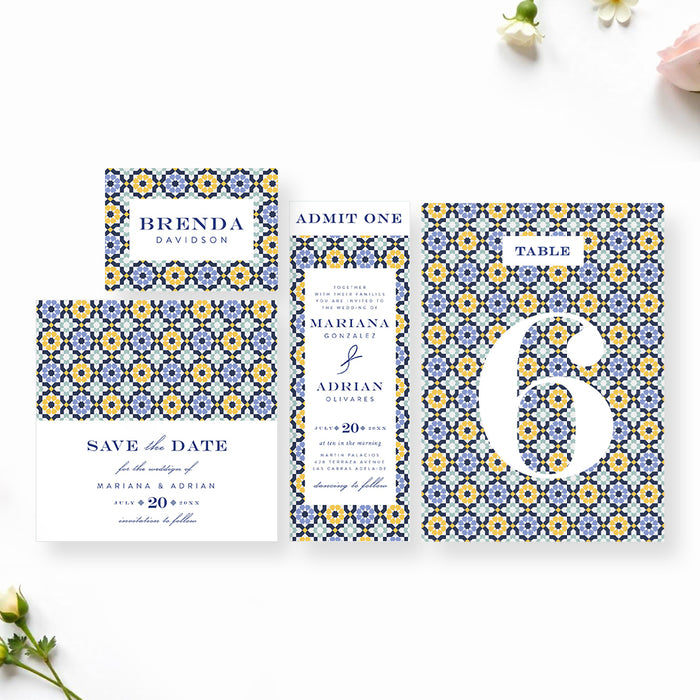 Mediterranean Wedding Invitation Blue and Yellow Tile Design