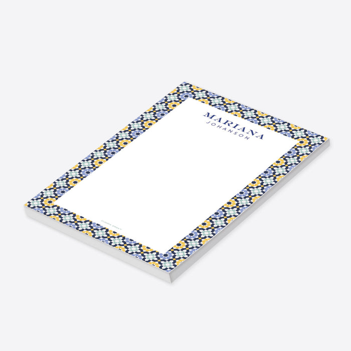 Mediterranean tile personalized notepad featuring a navy, yellow, and blue geometric border, customizable with a name or message, ideal for weddings and coastal-themed events.-side