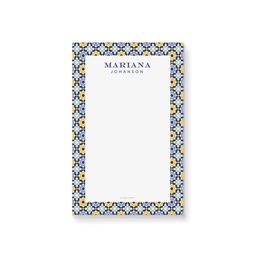 Mediterranean tile personalized notepad featuring a navy, yellow, and blue geometric border, customizable with a name or message, ideal for weddings and coastal-themed events.