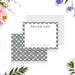 Mediterranean tile thank you card with a blue and yellow patterned border, customizable names, perfect for weddings and special celebrations.-front-back
