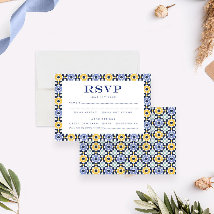 Mediterranean Wedding Invitation Blue and Yellow Tile Design