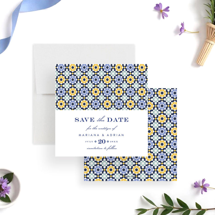 Personalised Mediterranean tile save the date card with blue and yellow pattern for weddings-front-back