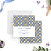 Personalised Mediterranean tile save the date card with blue and yellow pattern for weddings-front-back