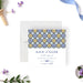 Personalised Mediterranean tile save the date card with blue and yellow pattern for weddings-front