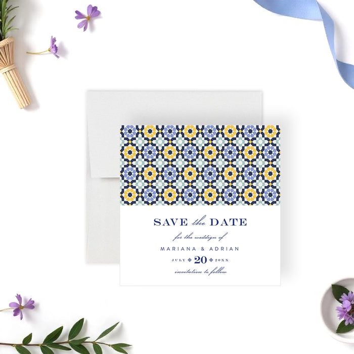 Mediterranean Wedding Invitation Blue and Yellow Tile Design