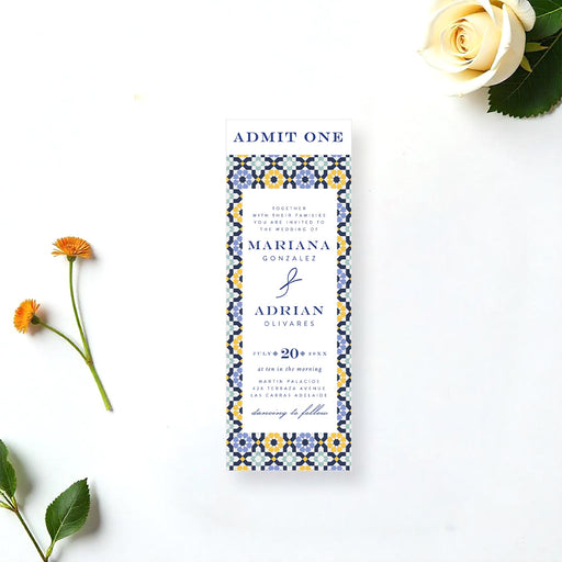 Mediterranean tile ticket wedding invitation with blue and yellow Spanish tile pattern, personalized ticket-style invite for weddings.