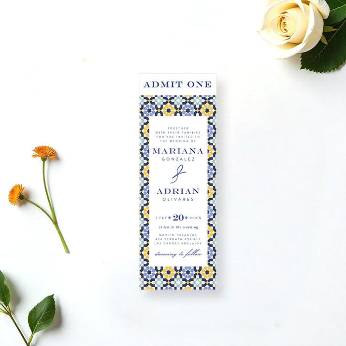 Mediterranean tile ticket wedding invitation with blue and yellow Spanish tile pattern, personalized ticket-style invite for weddings.