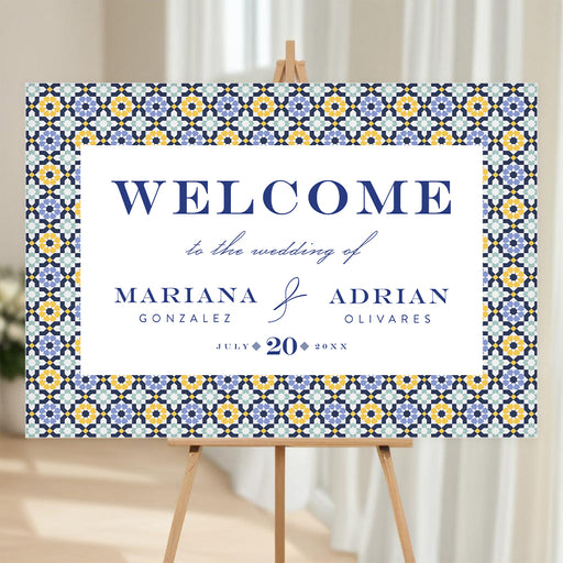 Mediterranean tile welcome sign with blue, yellow, and white patterned border, personalized for weddings and special celebrations.