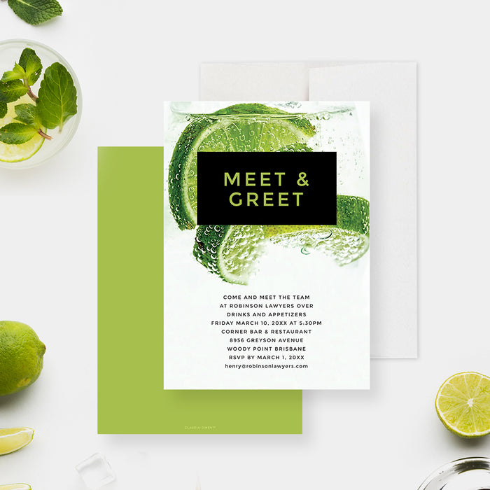 Custom Meet and Greet invitation card featuring fizzy lime slices and bold green-and-black typography, perfect for networking or cocktail events.-front-back